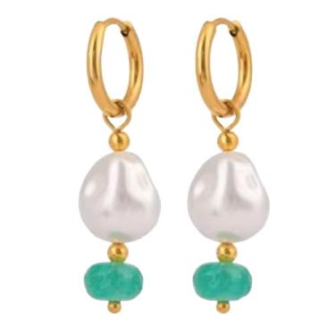 Imagem de Brincos de argola de aço inoxidável banhados a ouro com pérola sintética e contas aqua, vendidos como um par