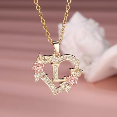 Imagem de Colar feminino com pingente de coração e flor, 26 letras, ouro de aço inoxidável - joia personalizada em tom, Onesize, Aço inoxidável, Strass