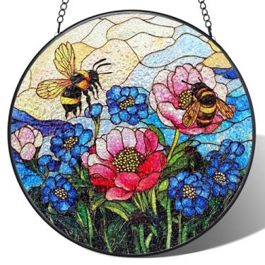 Imagem de Pendurado em vitrais, apanhadores de sol de flor de abelha, painel de vidro colorido, decoração de apanhador de sol, presentes de aniversário de Natal para mulheres, homens, esposa, tia, mãe, meninas