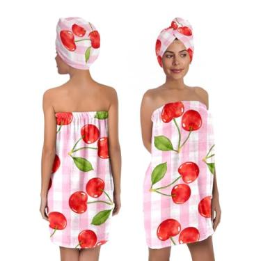 Imagem de QIULIBMH Envoltório de banho cereja com turbante de cabelo – saia de chuveiro de microfibra rosa xadrez e conjunto de toalhas de secagem rápida, envoltório de spa leve absorvente presente para