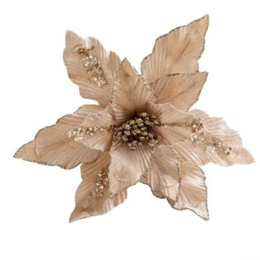 Imagem de Decorações de árvore de Natal 26 cm flanela pintada à mão pingente de flor em pó cor champanhe enfeites para pendurar árvore de inverno, decoração de pendurar festiva, decoração de festa de Natal