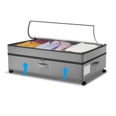 Imagem de SHAJOPH Armazenamento sob a cama com rodas ajustáveis em altura 1 recipiente de armazenamento sob a cama com tampa transparente e alças rolando sob a cama gaveta para roupas, sapatos, brinquedos