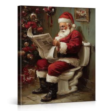 Imagem de Engraçado Papai Noel Natal banheiro arte de parede humor Papai Noel no vaso sanitário impressões vintage Natal banheiro decoração de parede para banheiro banheiro 20x25 emoldurado