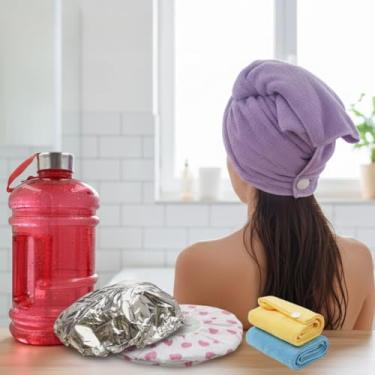 Imagem de KIT GAROTA HIDRATADA | 2 Toalhas Touca para Secar Cabelo + 1 Touca Metalizada para Hidrataçao + 1 Touca de Banho + 1 Garrafa de Água 2.2l | Cabelo, Hidratação e Rotina de Cuidados | Presente Feminino