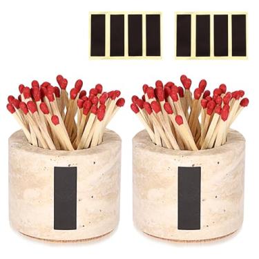 Imagem de OwnMy 2 suportes de fósforo de pedra travertino com tacadas e 2 almofadas de ataque, organizador decorativo de fósforos, caixa de fósforos redondos para uso em casa, cozinha, banheiro, lareira, vela