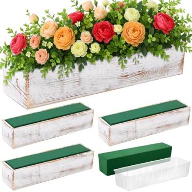 Imagem de Dandat Conjunto de 4 caixas de madeira para centros de mesa, retangulares, 40,6 x 10 cm, vasos de madeira rústica com forro de plástico removível, blocos florais de espuma para Natal, casamento, casa