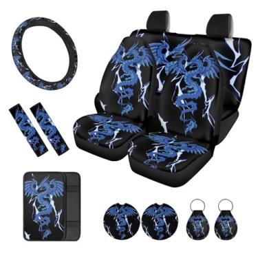Imagem de Wanzuoeng Capa de assento de carro com estampa de dragão relâmpago, conjunto completo de 12 capas universais de assento concha de encosto alto, capa de volante, almofada de console central, almofada