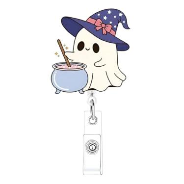 Imagem de Carretel de crachá de Halloween fofo fantasma retrátil carretéis de crachá engraçado clipe jacaré porta-crachá retrátil fantasma acrílico para enfermeira, trabalhadora médica, estudante de enfermagem