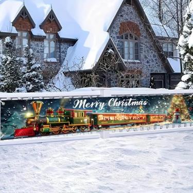 Imagem de HOMETITUTE Boneco de neve de inverno com árvore de Natal e caixa de presente, faixa de locomotiva de Natal com 299,7 x 50,8 cm, para decoração de fotos de festa de família, varanda e parede