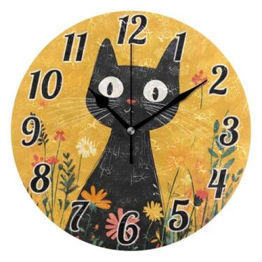 Imagem de ALAZA Relógio de parede engraçado com flores de gato preto, relógio operado por bateria, silencioso, 24 cm, relógios de parede sem tique-taque para quarto e sala de estar decorativo