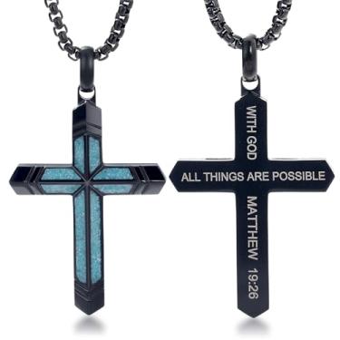 Imagem de GTMJ Colar de cruz masculino turquesa/malaquita/preto e dourado com pingente de cruz de proteção religiosa, joias presentes para mulheres, Medium, Aço inoxidável, Turquesa