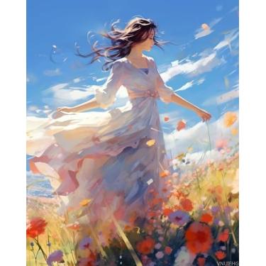 Imagem de VNUIEHG Kits de pintura a óleo DIY por números para adultos, mulheres e campos de flores, pintura por número para adultos iniciantes, pintura por números, perfeita para decoração de presente, 40 x 50
