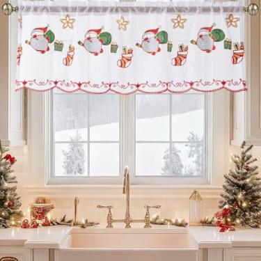 Imagem de Cortina de Natal transparente para janelas de cozinha, férias de inverno, flocos de neve dourados, bordada, cortina de janela curta, vermelha, Papai Noel, sanefas para sala de estar, quarto, bolso