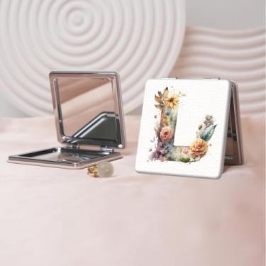 Imagem de Espelho de maquiagem portátil da série Floral Alphabet, mini espelho de maquiagem portátil dobrável, espelho de contorno quadrado portátil com dupla face, adequado para todas as pessoas usarem em