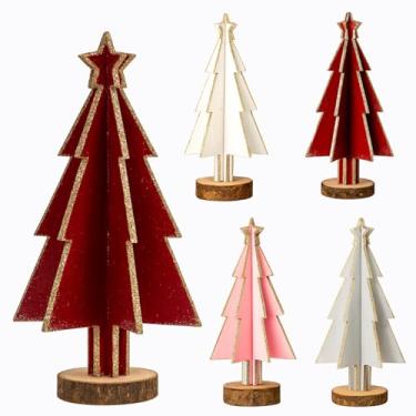 Imagem de Gerrii 4 peças de decoração de mesa de árvore de Natal com estrela rústica de madeira com glitter em forma de árvore de Natal com base de madeira bandeja em camadas, decoração de casa de fazenda, mesa