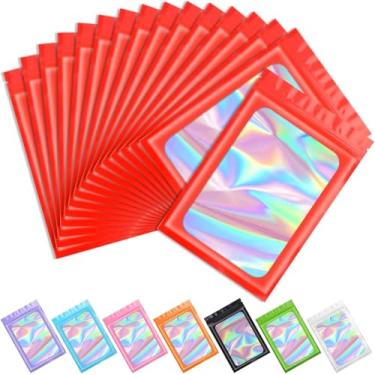 Imagem de 100 peças de sacos holográficos Mylar vermelhos, sacos de embalagem, bolsa transparente e resselável, bolsa de alumínio para armazenamento de alimentos e brilho labial, joias, embalagem de cílios para