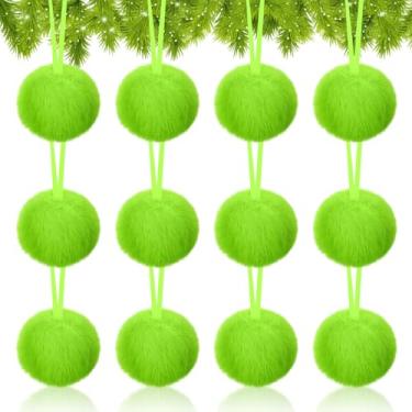 Imagem de 12 peças de enfeites de bola de Natal peluda verde limão, enfeites de Natal peludos, bolas de Natal verde-limão, decoração de penugem para festa de Natal, árvore, utensílios domésticos, lareira e