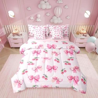 Imagem de Erosebridal Conjunto de cama solteiro de 7 peças com laço de cereja e laço kawaii, rosa, com estampa de fruta, com lençóis, com fita fofa, coquete em uma bolsa, conjunto de cama infantil e feminina