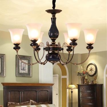 Imagem de Lustre de luxo europeu para sala de estar, estilo retrô americano, em cerâmica, para restaurante, quarto, escritório, hotel, casa de campo ou café, com 6 lâmpadas LED.