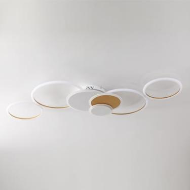 Imagem de Luminária de teto LED econômica e dimerizável de 3000 a 6000K com controle remoto, 7 anéis, dourada e branca, para sala de estar, quarto, escritório, cozinha, iluminação interna, 120cm, 100W