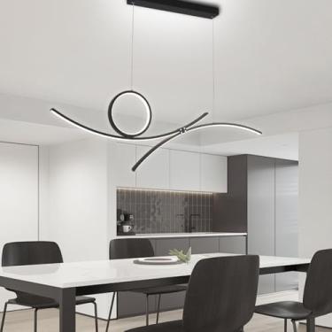 Imagem de Luminária pendente LED moderna e curva, altura ajustável, 3000K-6500K, dimerizável, anel preto, lustre para mesa de cozinha, sala de jantar e escritório, com controle remoto, eficiente em te