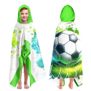 Imagem de CZZDERAM Toalhas de praia com capuz para meninos com estampa de futebol para crianças de 4 a 8 anos, toalhas de banho com capuz para crianças adolescentes meninos 76 x 127 cm de secagem rápida verde