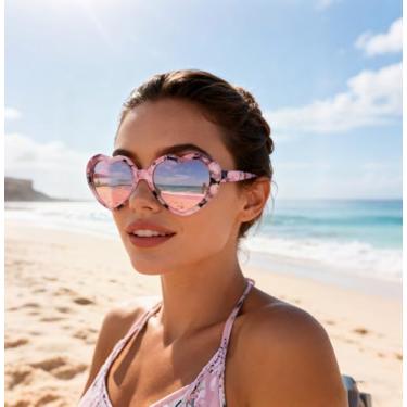 Imagem de Óculos de sol de coração para mulheres e homens, grandes, modernos, em forma de amor, retrô, adorável, moderno, fofo, óculos de sol DJ10093, Moldura floral e espelho rosa