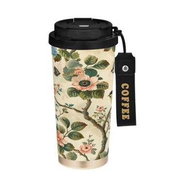 Imagem de SEHANY Caneca de café de viagem Flores e pássaros de 482 g com tampa revestida de cerâmica e à prova de vazamento, parede dupla, copo de aço inoxidável isolado a vácuo para bebidas quentes e frias