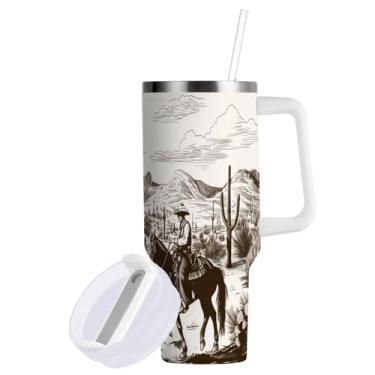 Imagem de ATTX Copo caubói do deserto ocidental de 850 g com alça - Caneca de viagem de aço inoxidável isolada a vácuo, xícara de café à prova de vazamento com canudo #360