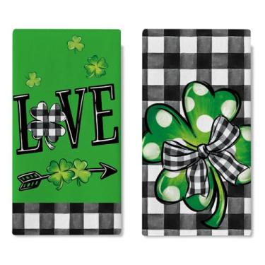 Imagem de Croar Conjunto de 2 panos de prato de cozinha Love Dia de São Patrício, Lucky Shamrock Clover, Buffalo Plaid Bow Drying Toalha de mão pano de cozimento, irlandês Spring Arrow banheiro decoração de