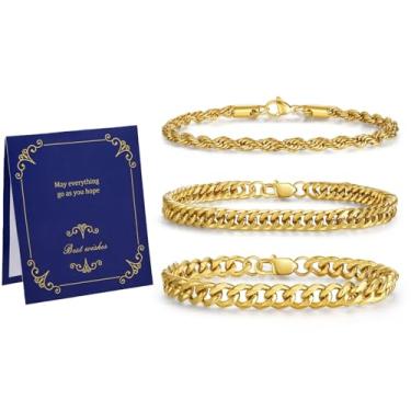 Imagem de NUKAYAI 3 pulseiras de aço inoxidável para homens, corrente de elos cubanos, conjunto de pulseiras douradas/prata para homens 19,5/20,3/23 cm, presentes de Natal (inclui cartão), 8.3", Aço inoxidável