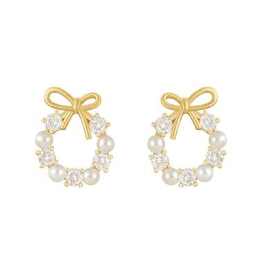 Imagem de Brincos de laço para mulheres, brincos de Natal, zircônia sintética, pérola, flor, ouro, zircônia, pérola, laço, grinalda, ideal como presente de Natal para 2025, Small, Metal, Sem pedra preciosa