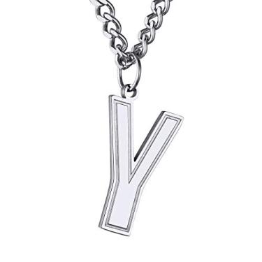 Imagem de GoldChic Colar masculino com letra inicial, colar de iniciais grandes de aço inoxidável para atletas esportivos, pingente de alfabeto com corrente cubana de 4 mm, 22''+2'', Metal, Sem Pedra Preciosa