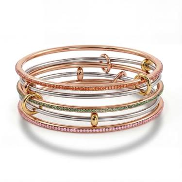 Imagem de Musishiyu Pulseiras de ouro para mulheres, conjunto de pulseiras de aço inoxidável tricolor, pulseiras de tênis de zircônia cúbica de ouro rosa prata, punho empilhável de 3 a 5 camadas, presente de