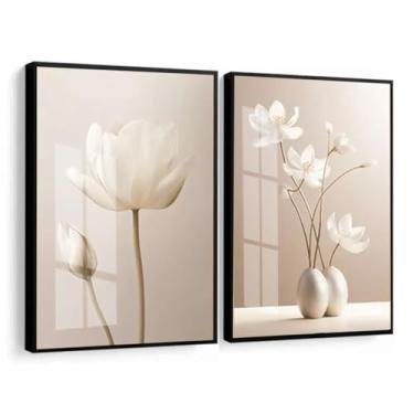 Imagem de Kit 2 Quadros Decorativos Flores Bege Tons Nude Moldura e Vidro Sala Quarto Corredor (moldura preta sem vidro)