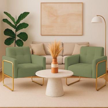 Imagem de Poltrona Sala Industrial Alta Tubo Dourado Kit 2 Elisa Bouclê D03 - D'rossi Cor Pistache