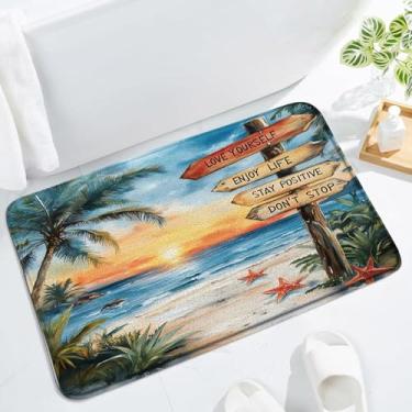 Imagem de Tapete de banho com palmeira tropical, oceano, praia, estrela-do-mar, citações inspiradoras, nascer do sol, pôr do sol, aquarela, paisagem, Havaí, litoral, banheiro, tapete