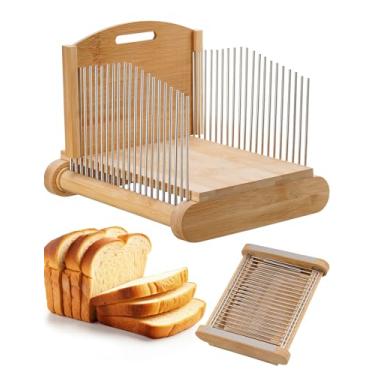 Imagem de NiHome Cortador de pão de bambu com guias de aço inoxidável, espessura ajustável para torradas e sanduíches, design compacto dobrável com pés de silicone antiderrapante, tábua de corte de madeira para