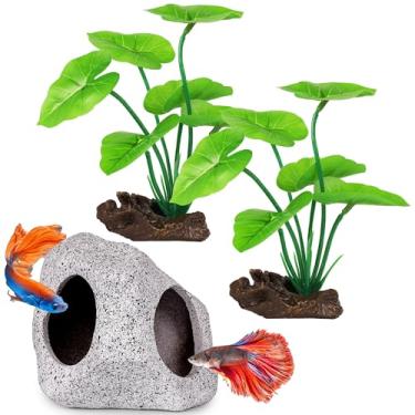 Imagem de MyLifeUNIT Decoração de aquário de peixes, plantas de aquário de seda artificial e decoração de caverna de rocha para acessórios de aquário Betta, peixes dourados, decorações de plantas de répteis