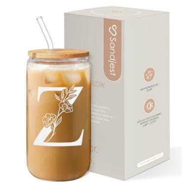 Imagem de SANDJEST Presentes com monograma para mulheres - Monograma Z copo de vidro inicial 473 ml lata xícaras de café com tampa e canudo - monograma iniciais presentes para mulheres no aniversário