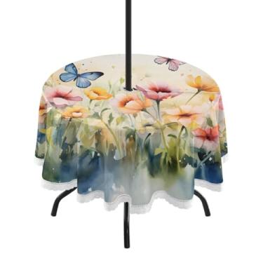 Imagem de CEBUGI Toalha de mesa redonda para uso externo, borboleta, impermeável, com furo Umberlla, capa de mesa lavável para pátio, cozinha, sala de jantar, 152 cm