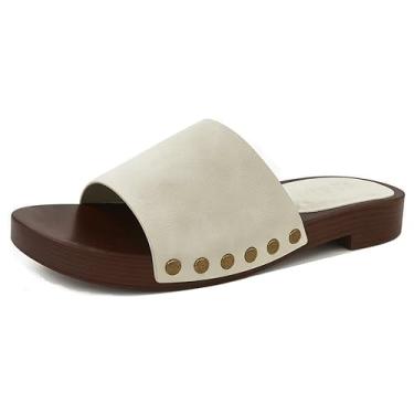 Imagem de TruFox Sandália feminina tamancos de dedo aberto com salto baixo cravejado com tachas de madeira sintética, Bege, 38