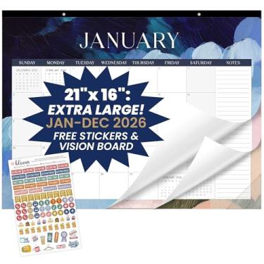 Imagem de bloom daily planners Calendário de mesa 2026 – Calendário de parede grande de janeiro a dezembro – 53 cm x 40 cm para mesa e agenda mensal suspensa com adesivos para casa ou escritório – traços de