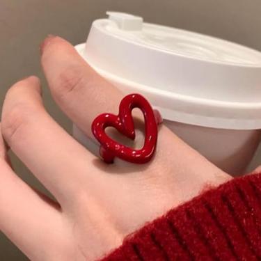 Imagem de Anel de anel aberto ajustável de coração vermelho e branco, joia de cor dopamina para pele clara, anel de declaração de motivo de amor artístico para mulheres, uso em várias ocasiões e apresentação