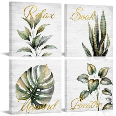 Imagem de LoveHouse Arte de parede de folhas verdes rústicas emolduradas em tela de folhas botânicas obras de arte de plantas tropicais decoração de parede para quarto banheiro 30,5 x 30,5 cm 4 peças