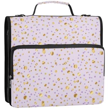 Imagem de Pastas douradas pastel com 3 argolas de 3,8 cm, fichário organizador com zíper com alça de ombro para armazenamento escolar, estojo portfólio com alça, 34,5 x 31,5 x 9 cm