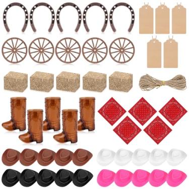 Imagem de SelfTek 56 peças de decorações de festa ocidental, peças centrais de festa tema cowboy ocidental para mesas, 20 chapéus de caubói, botas, rodas de madeira, bandanas para cowgirls vintage
