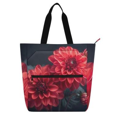Imagem de GAIGEO Bolsa de lona média com estampa floral de dália vermelha para mulheres que amam livros com zíper, escola, professor, trabalho, bolsa de mão