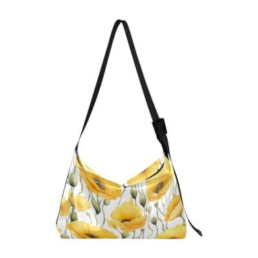 Imagem de Bolsa tiracolo de couro vegano estilo sudoeste marrom e preto, bolsa Lady Hobo, bolsa de ombro de couro com zíper, Linda flor de papoulas amarelas - 4, One Size