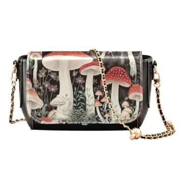 Imagem de Bolsa tiracolo feminina de couro com desenho animado de cachorro Pug com alça, bolsa transversal feminina de couro, Cogumelos com elementos naturais - 3, One Size